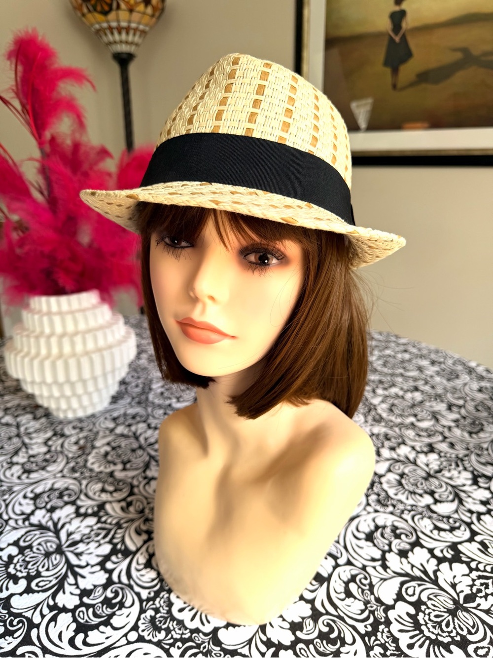 Milani Straw Fedora Hat S/M Natural Black Band Bow Summer Beach Resort